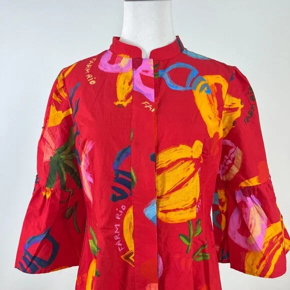 NWOT FARM Rio Mixed Fruits Ocean Bright Vibrant Dress Ruffle Sleeve Size S